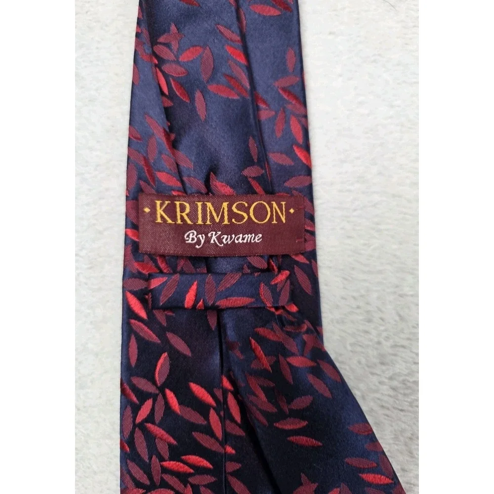 Krimson By Kwame Silk Tie Red Navy Floral Leaf Pattern Mens Necktie Modern 3